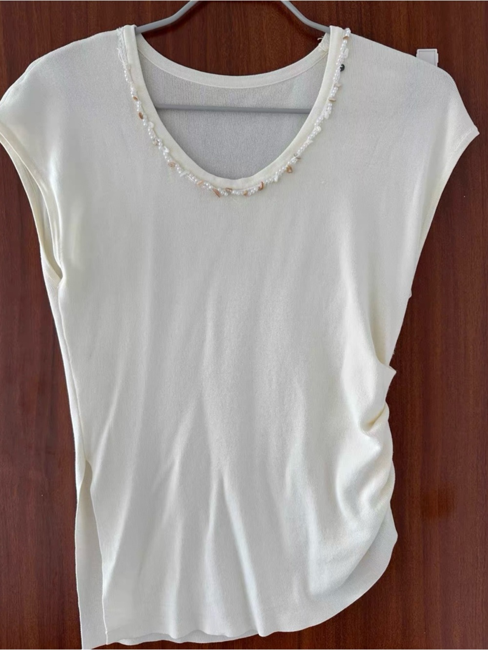 Elegant Cream Beaded Neckline Women's Top